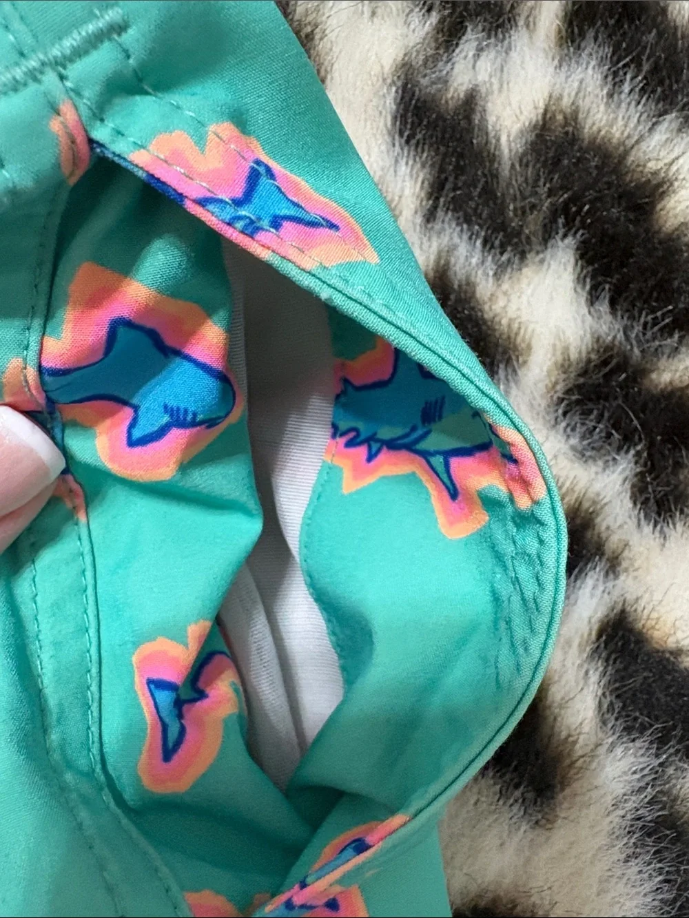 chubbies Teal Swim Trunks with Blue & Pink Shark Pattern